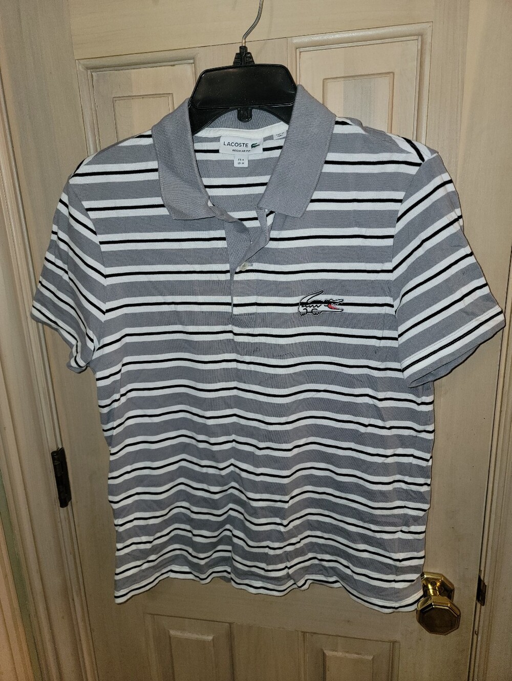 Lacoste Men’s Gray, White & Black Striped Polo Sz S Larger Logo